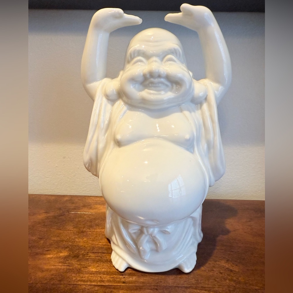 Vintage White Porcelain Laughing Buddha Raised Arms Statue